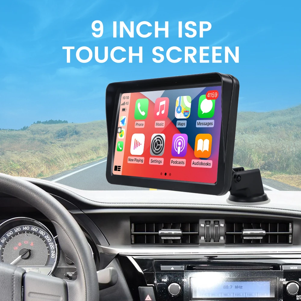 Monitor touchscreen universale da 9 pollici per auto con supporto Wireless Carplay Android Auto, telecamera di retromarcia HD, lettore multimediale e Smart Host