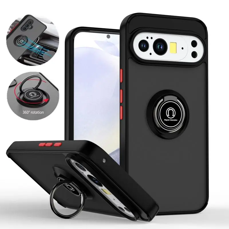 Armor Shockproof Magnetic Phone Case with Ring Holder - Matte Finish & Camera Lens Protection