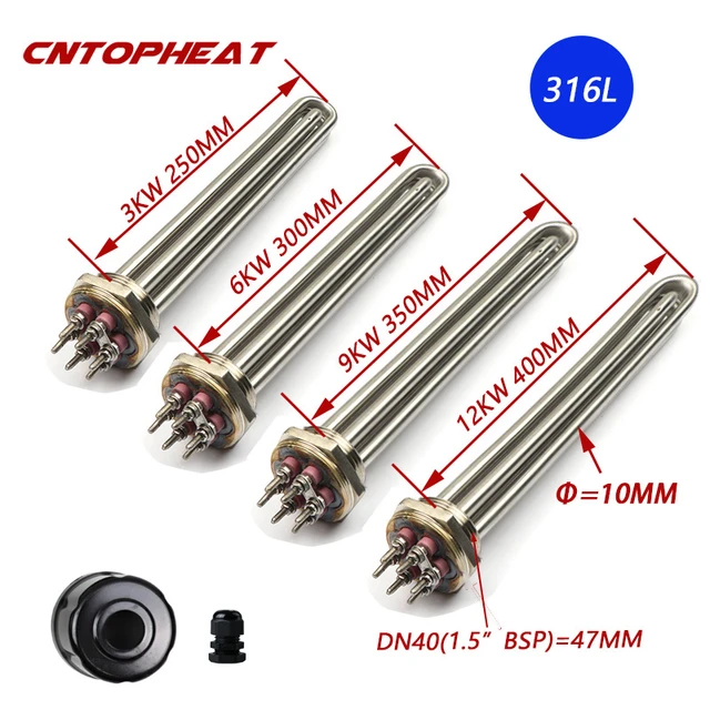 SUS316L Corrosion Resistant DN40 Immersion Water Heating Element 220V/380v  Thick 10mm Tubular Boiler Heater 3KW/6KW/9KW/12KW - AliExpress