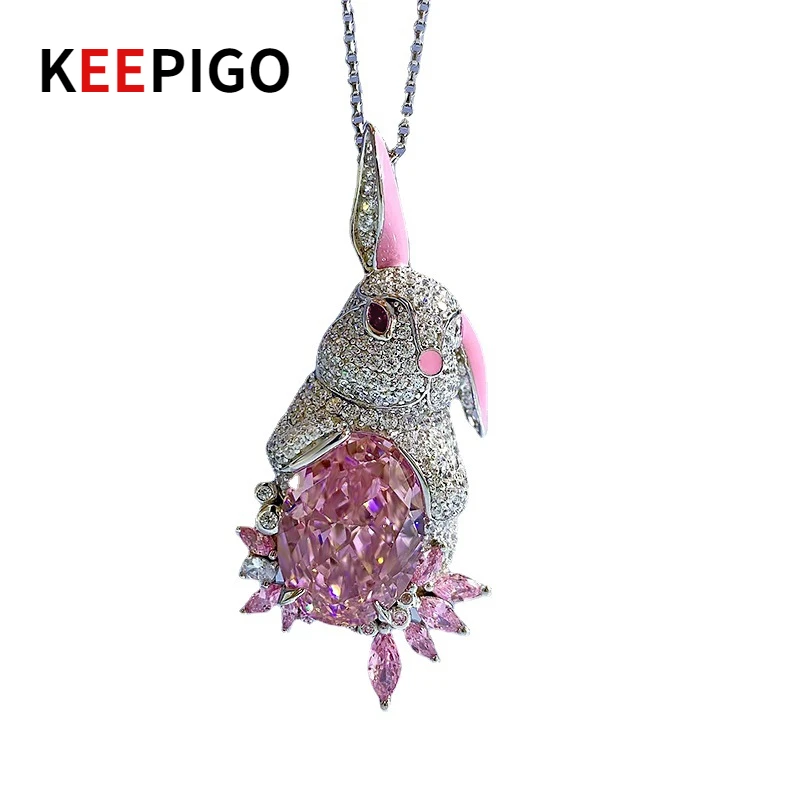 

KEEPIGO S925 Sterling Silver 12*16mm Pink High Carbon Diamond Stylish And Cute Elf Bunny Necklace For Birthday Fine Gift RA251