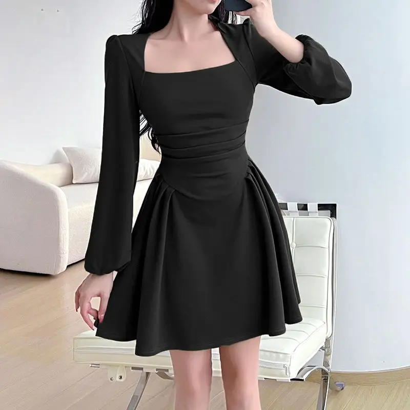 estilo coreano primavera linha vestido para as mulheres novo gola quadrada puff manga mini vestidos casuais elegantes senhoras robe