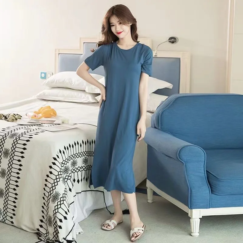 2024 Modal pajamas for women in summer with thin chest pads, one-piece bra pajamas, summer long, knee length, can be worn extern