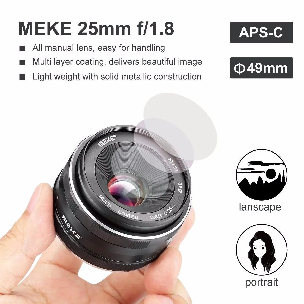 Meike 25mm f1.8 Large Aperture Manual Lens for Olympus Micro 4/3/Sony E/Canon EF