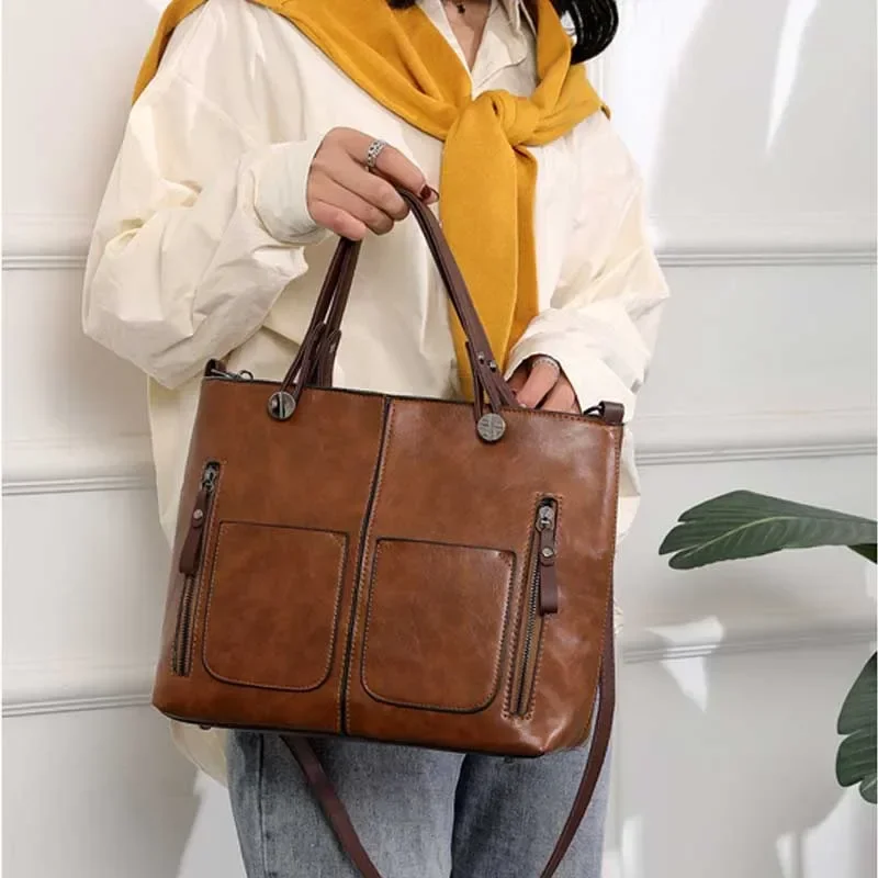 Large Capacity Shoulder Bag Vintage PU Leather Multi-Pocket Tote Bag Adjustable Shoulder Strap Crossbody Bag Women handbags 2026