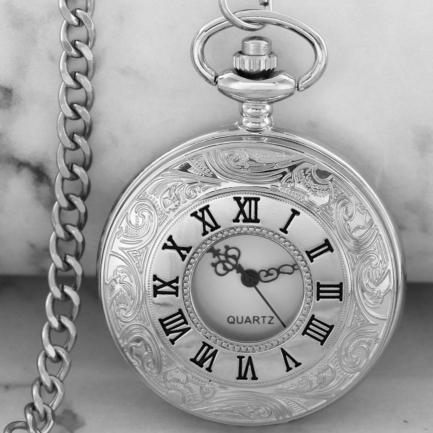 

Vintage Luxury Silver Quartz Pocket Watch for Men Women Hollow Roman Numerals Case Necklace Fob Clock Gifts reloj hombre