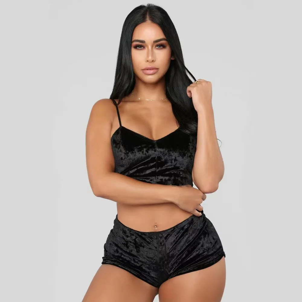2022 Summer Sexy Sports Top Shorts 2 Two Piece Sets women Casual Solid Velvet V Neck Sportswear Female Pajamas Home Wear Suits two piece sets Women's Sets