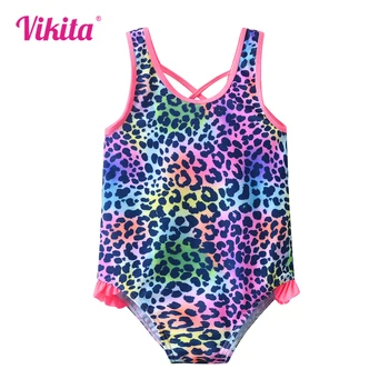 VIKITA Girls costume da bagno intero costume da bagno ragazza Leopard Cartoon Swimming Wear costumi da bagno colorati per bambini Summer Beach Suits 1