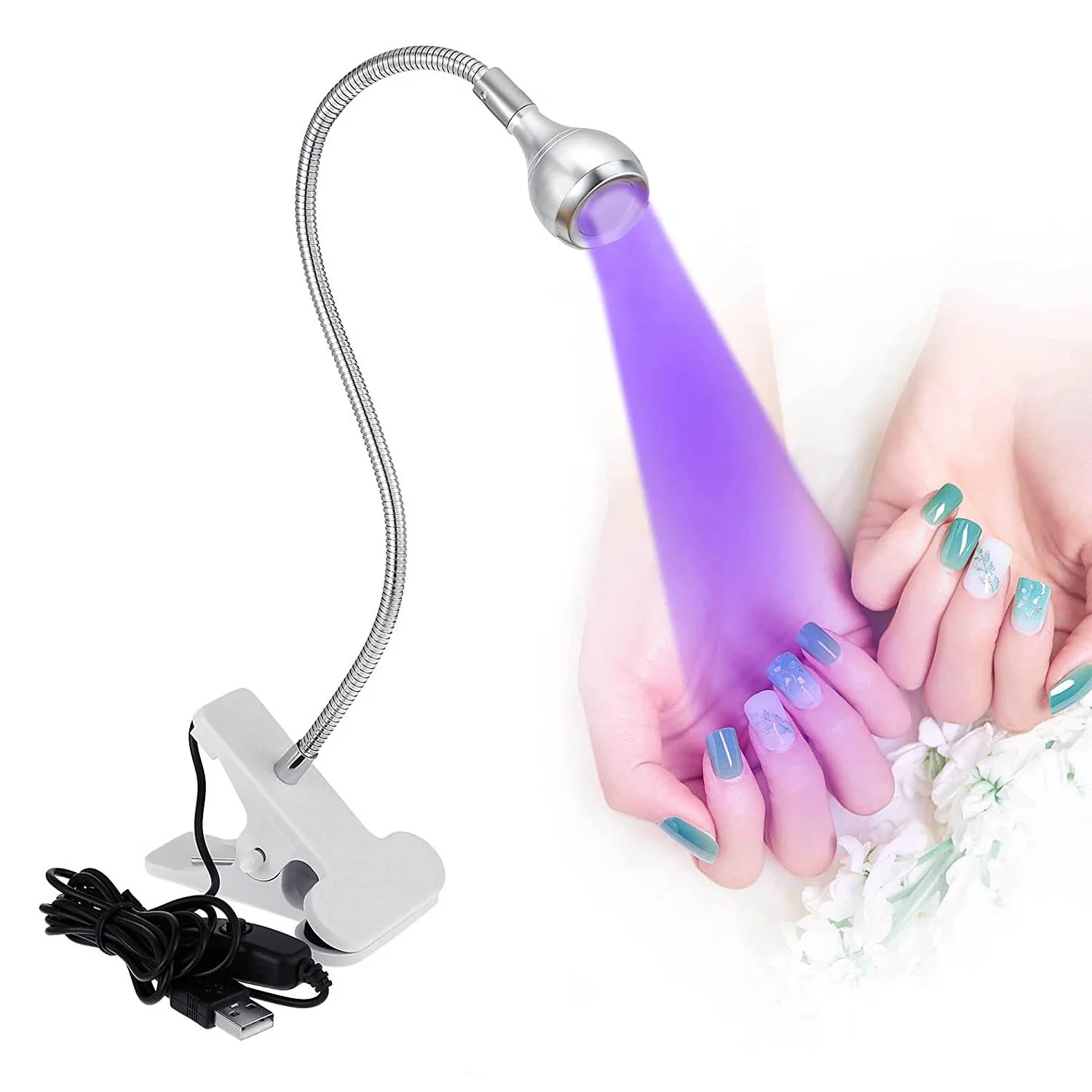 Nail Lamp,Sliver 3W LED Nail Manicure Dryer 395NM Curing Light with Gooseneck and Clamp for Gel Nails