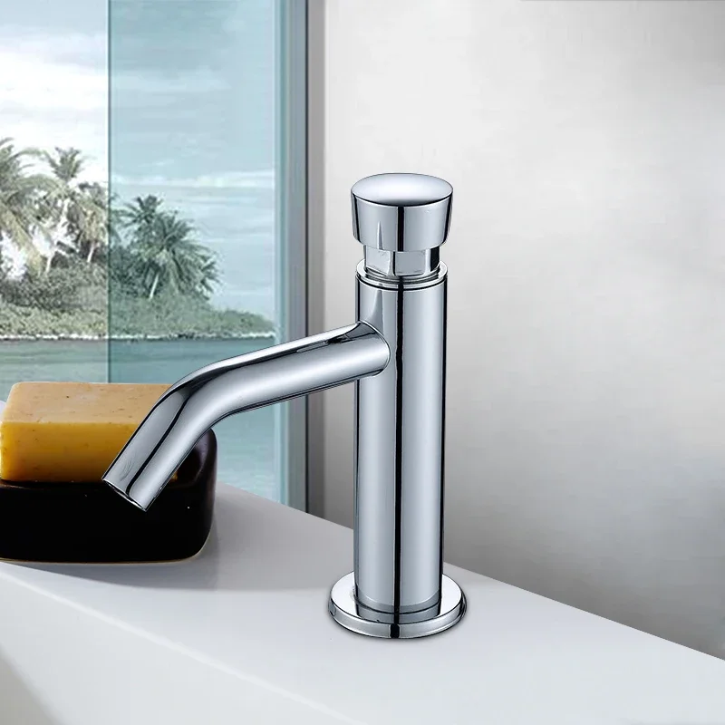 

Bathroom Basin Faucet Time Delay Faucet Copper Touch Press Cold Water Saving Tap Wash Basin Tap for Home Public Toilet Hotel