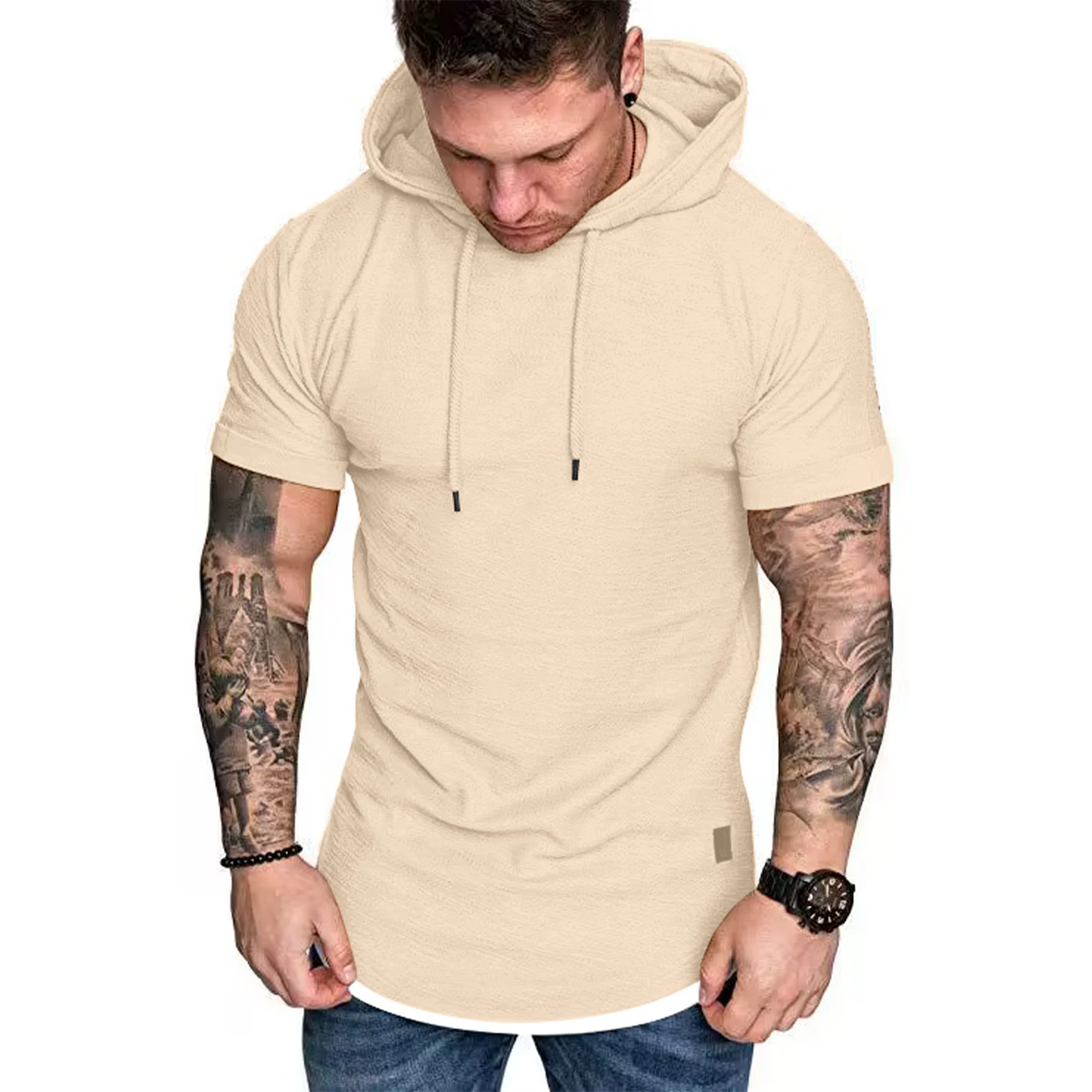 New men's summer hooded T-shirt Men's solid color top men's short sleeve T-shirt Hoodie casual fashion men's short sleeve 1
