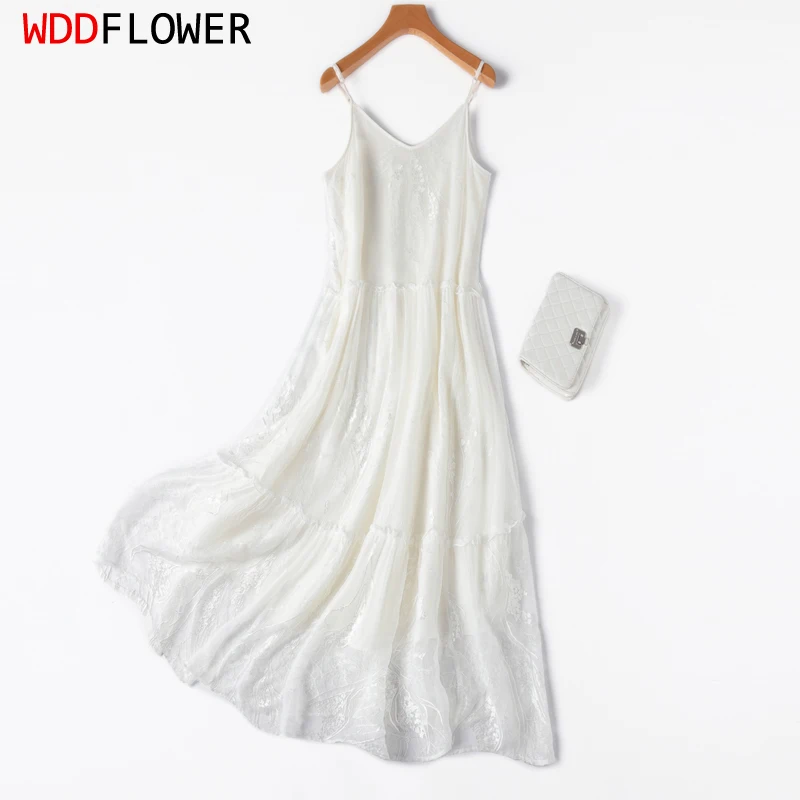 

Women Chemise Dress 100% Mulberry Silk With Lining Embroidery White Spaghetti Straps Big Hem Slip Summer Beach M L XL M1087