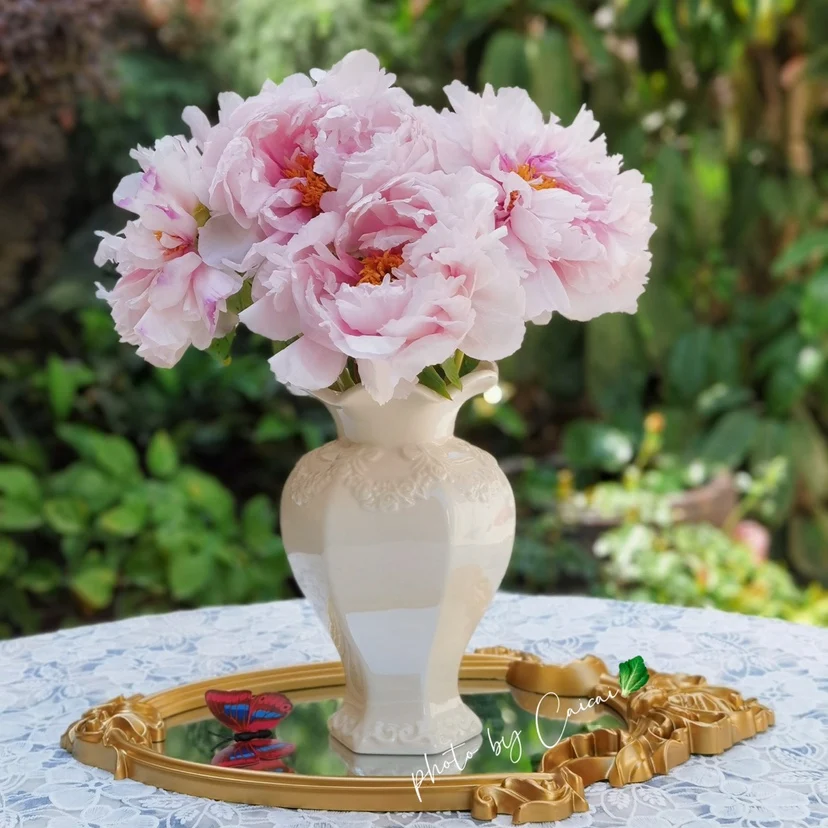 

Wave Edge Hexagonal Vase Bow Rose Emboss Warm Cream Color Ceramic Vase