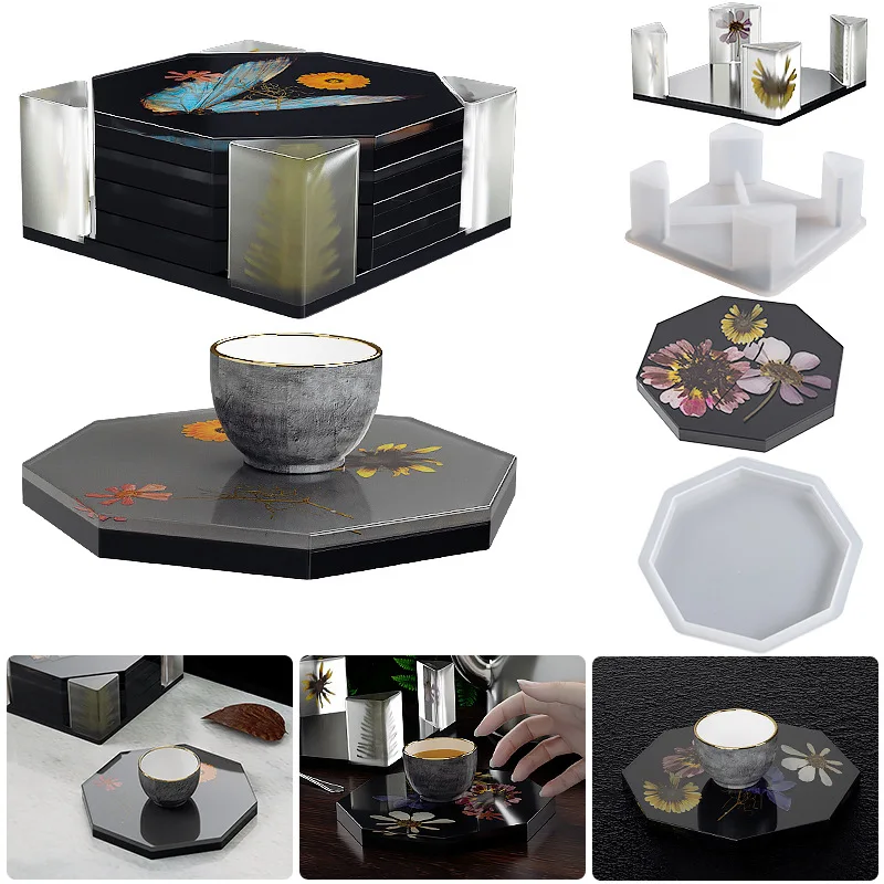 

5Pcs/Set Coaster Silicone Mold Set With Round/Square Storage Holder Epoxy Resin Mold For DIY Cup Mat Crafts Making Home Decor
