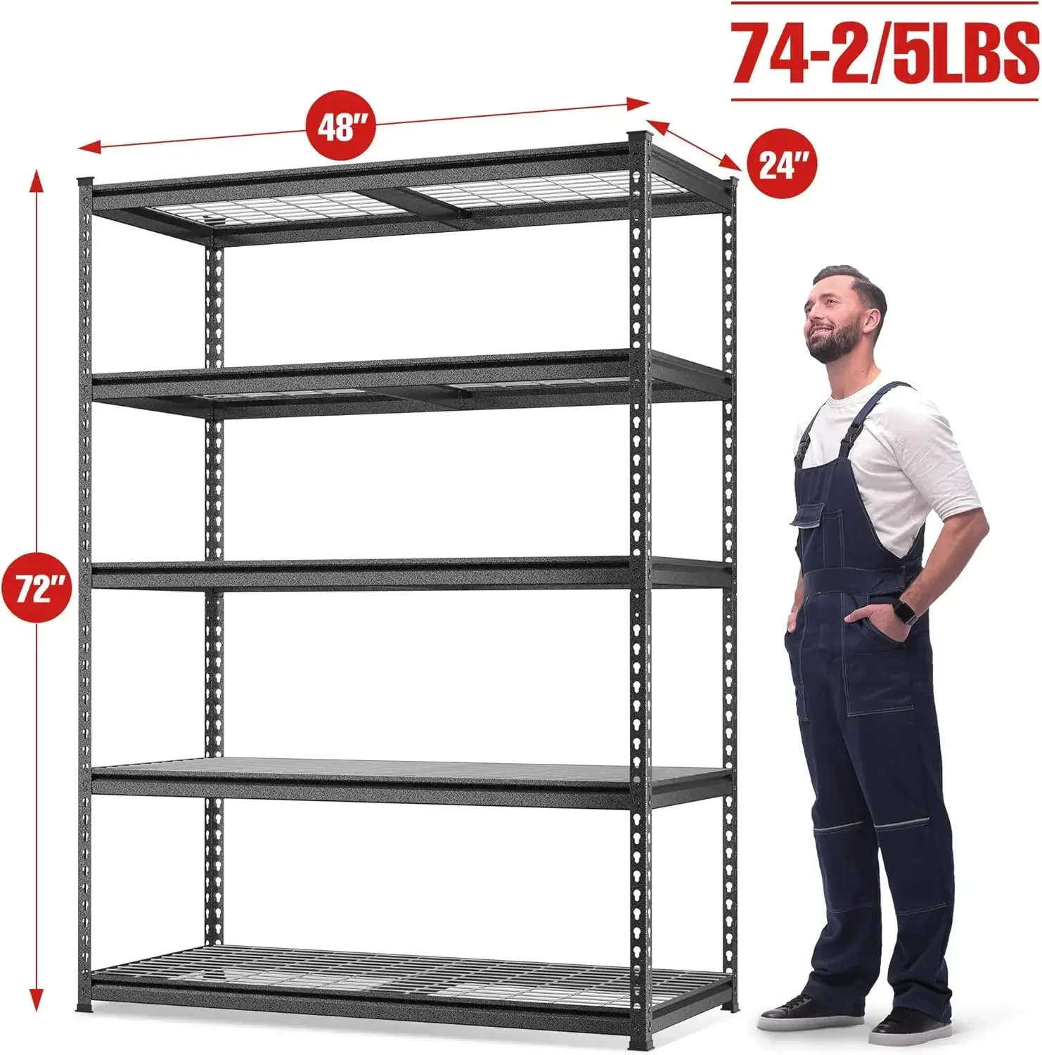 4000LBS Heavy Duty Shelving 48”W X 24”D X 72”H 5-Tier Storage Shelves Adjustable Metal Shelving Garage Shelving for Basement 3