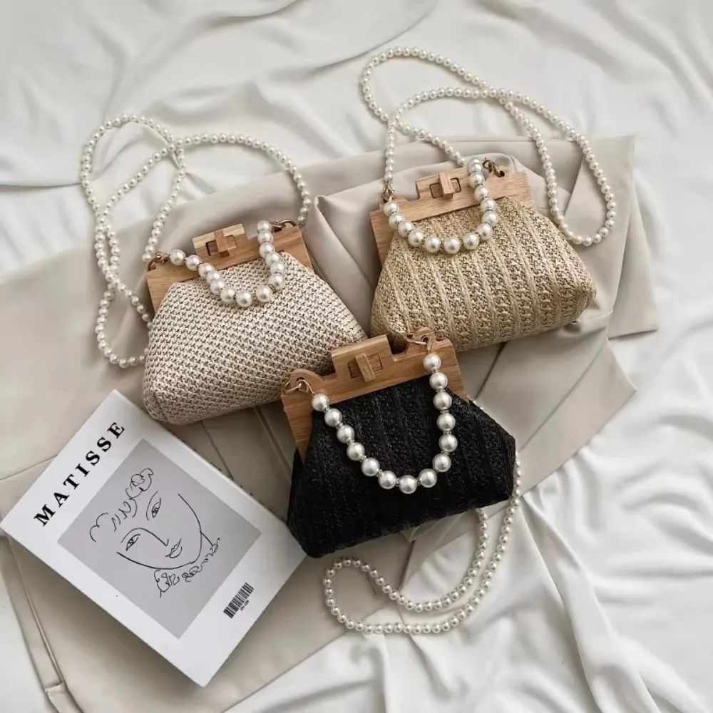 Nice Pearl Chain Straw Bag Women Hand-Woven Handbags Women Summer Wooden Rattan Shoulder Bag Brand Luxury Crossbody Bag
