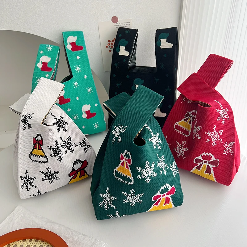 

Christmas Red Knitted Bag Mini Winter Cute Vest Tote Bag Japanese Casual Knotted Wrist Bag Portable Shopping Bag New Year Gift