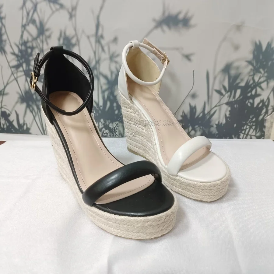 

Spaghetti Strap Leather Straw Shoe Sandals Thick Bottom Slope Heel Woven Women Shoes High Heels 2023 New Zapatos Para Mujere