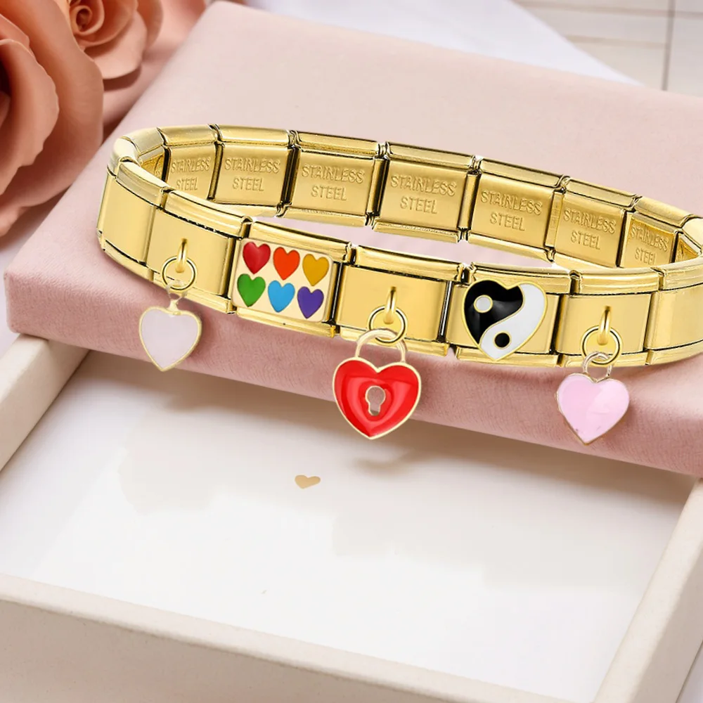 1pc Elastische Charms Gold Farbe Anhänger Herzen Liebe Schmuck Link fit 9mm Edelstahl Italienische Armbänder Machen Zubehör DIY – Detail 2