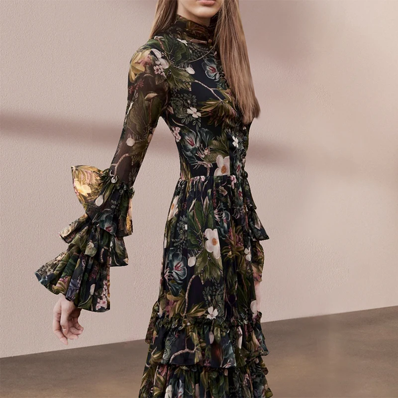 

High Quality Runway Designer Dress Women Vintage Elegant Ruffles Floral Printed Long Dresses 2023 Spring Autumn Outfits