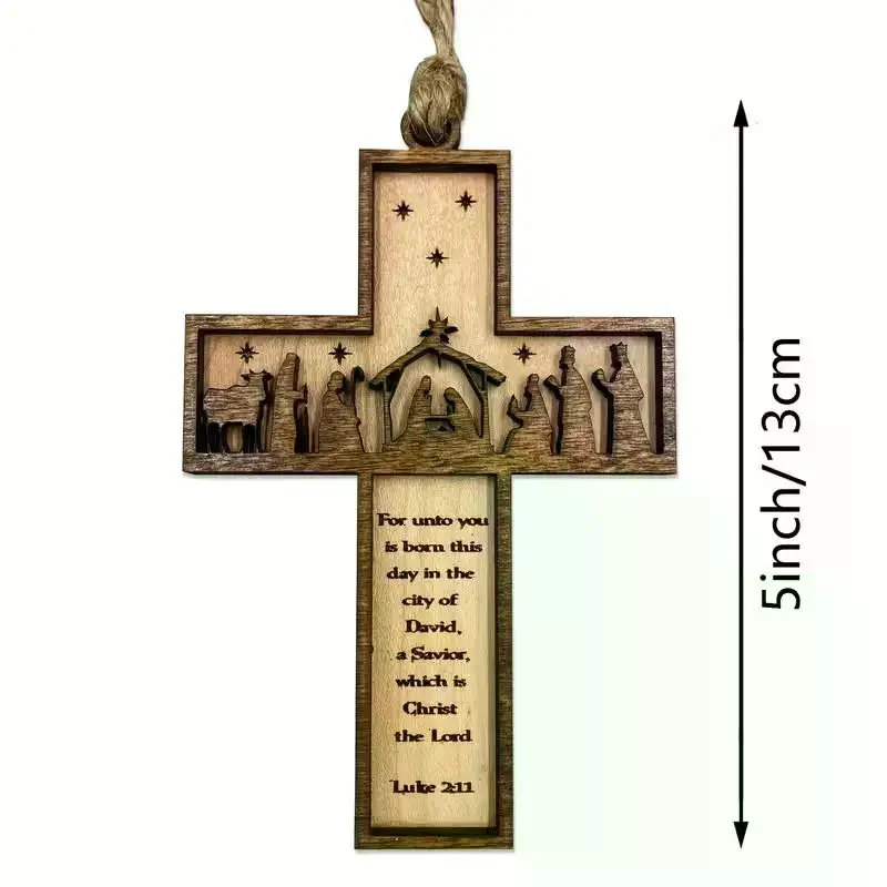 1pc 3D Nativity Scene Wooden Cross Ornament, Handmade Christmas Tree Decoration, Home And Religious Decoration