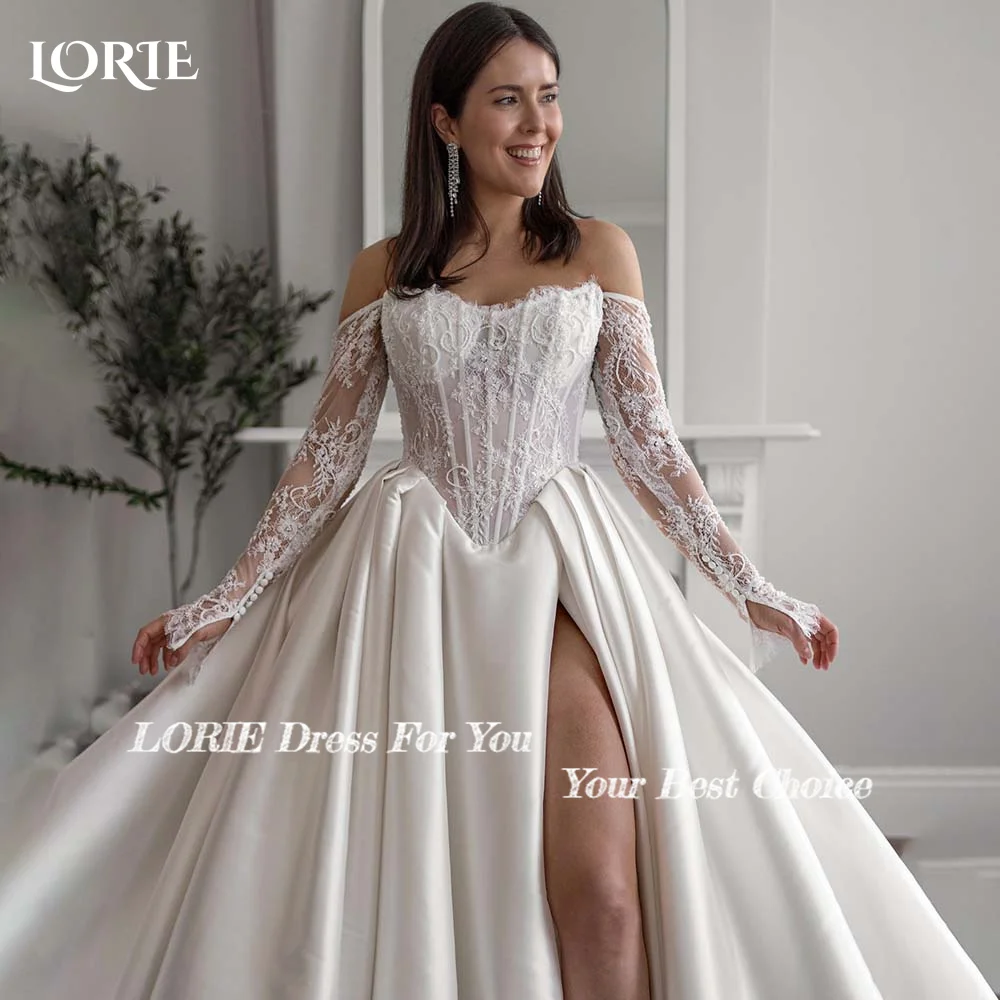 Wedding Dresses LORIE Lace Wedding Dress Sweetheart Split A-line Bride Gown Long Sleeve Appiques Corset Bride Dress vestidos de novia