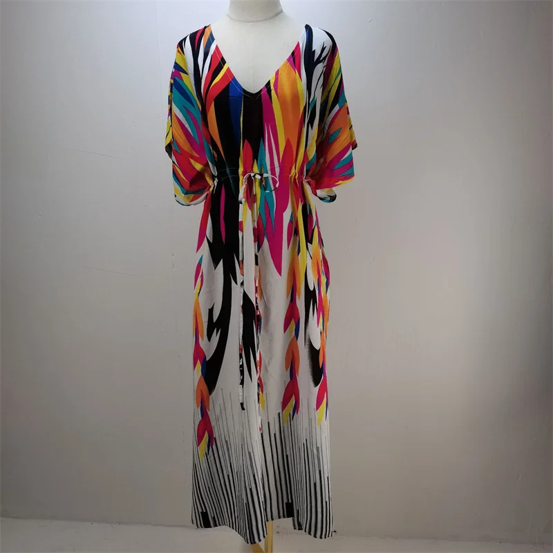 Midriff Drawstring Lace-up Bikini Cover-up Women Sweet Style Rainbow Print Beach Cover Up Female Summer Sun Protection Coverall