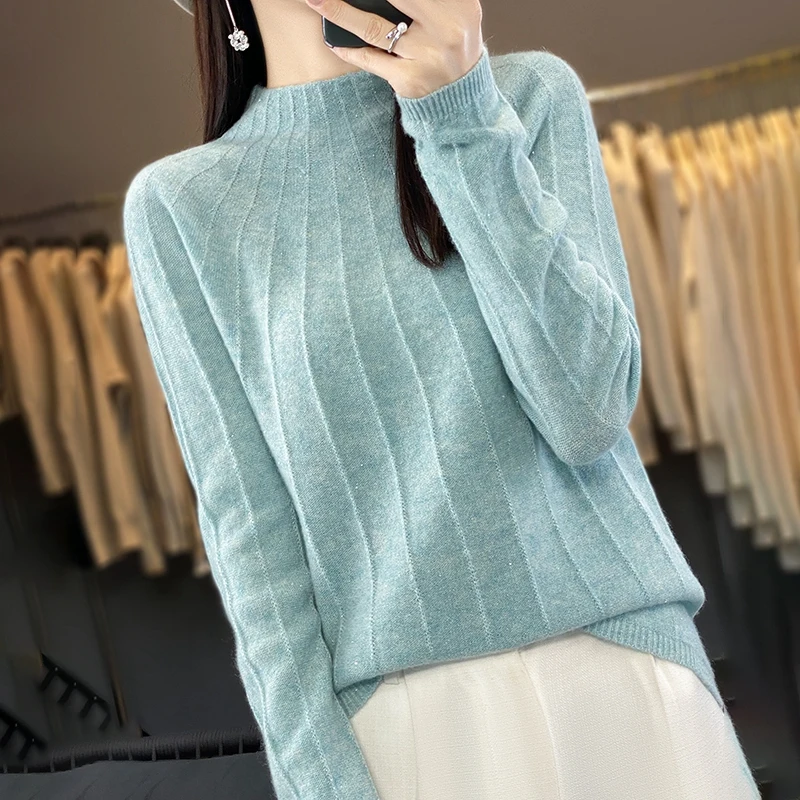 

Women s Loose Fit Half Turtleneck 100 Cashmere Sweater with Beaded Details for Fall and Winter