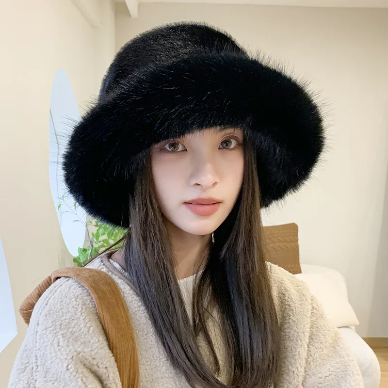 Bucket Hats Winter Hat for Women Faux Fur Fluffy Bucket Hat for Women Luxury Plush Thicken Snow Oversized Fur Bucket Soft Panama Cap
