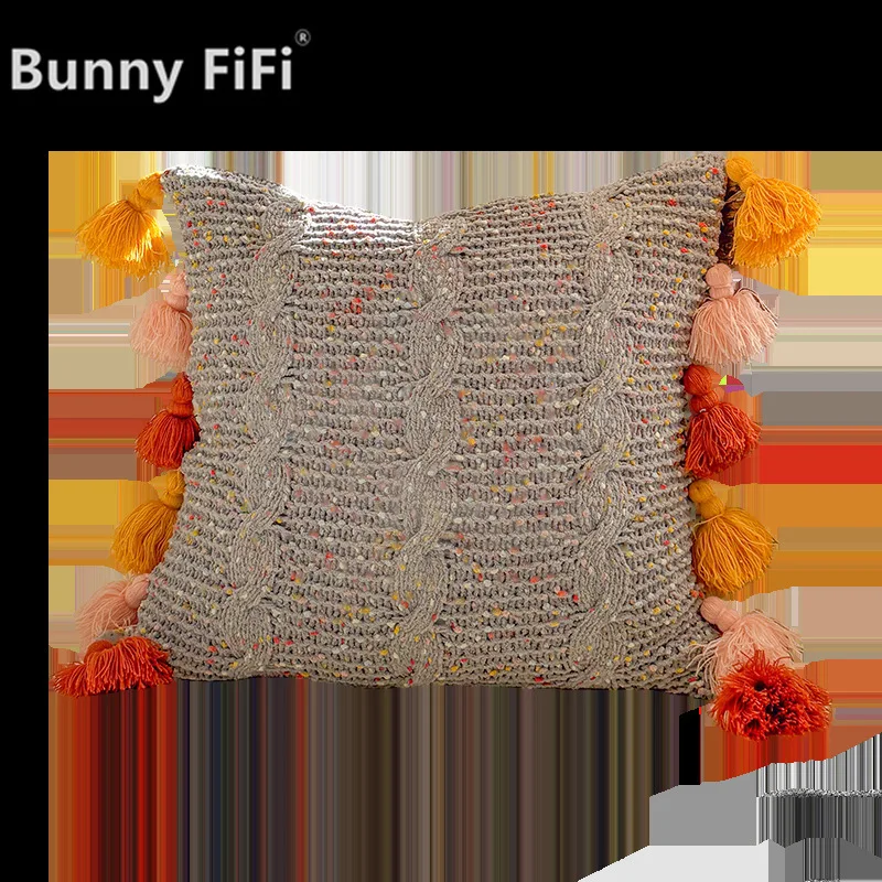 Weiche Boho-Kissenhülle aus buntem Strick mit Quasten, Baumwolle und Leinen, moderne Kissenbezüge für Sofa und Bett – Detail 5