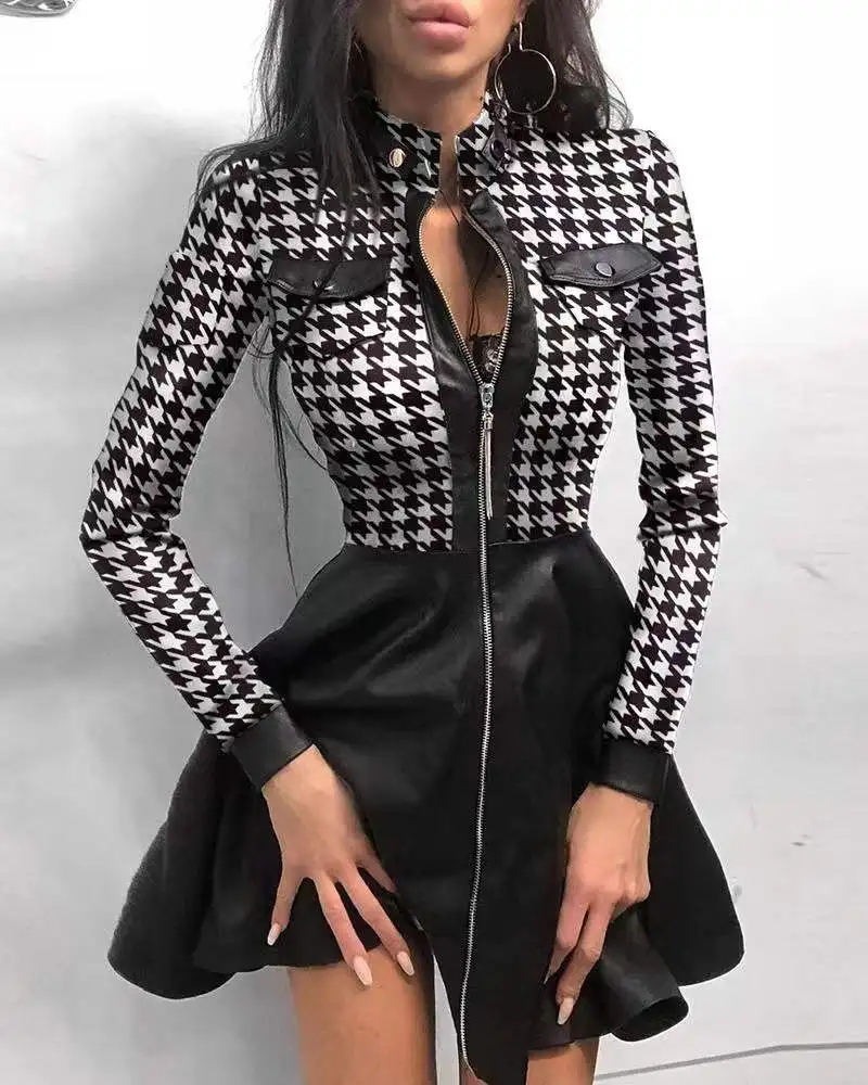 2022 New PU Leather Zipper Long Sleeves Mini Dress Spring Elegant Sexy Lace Mesh Slim Dresses Female Casual Pocket Bodycon Dress lulus dresses