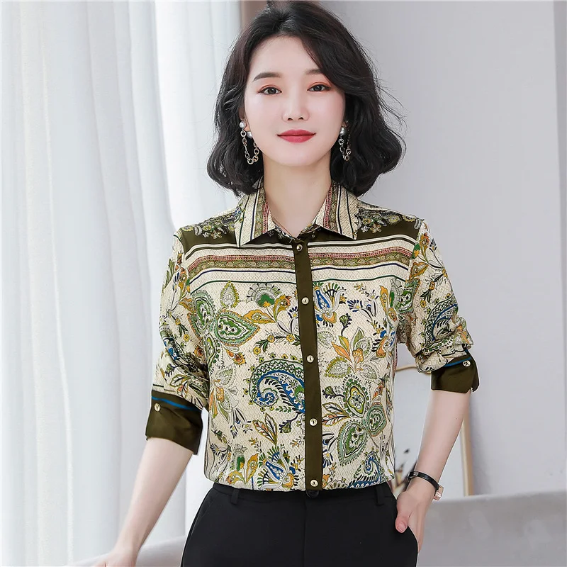 

Luxury Vintage Print Shirts Women's Blouse Spring Autumn Long Sleeve Buttoned Chiffon Tops Blusas Streetwear