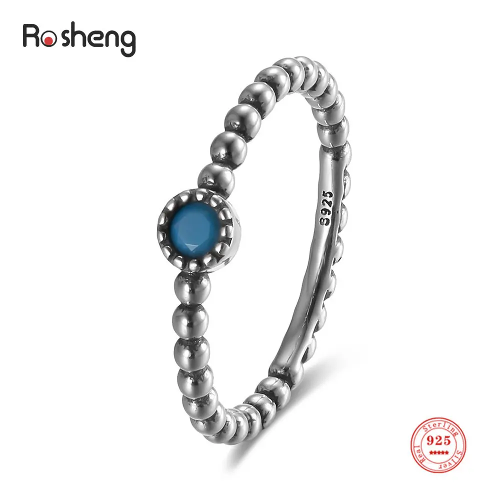 

925 Sterling Silver Turquoise Round Beads Oxidized Silver Ring Gift Fine Jewelry Exquisite Luxury Ring for Women