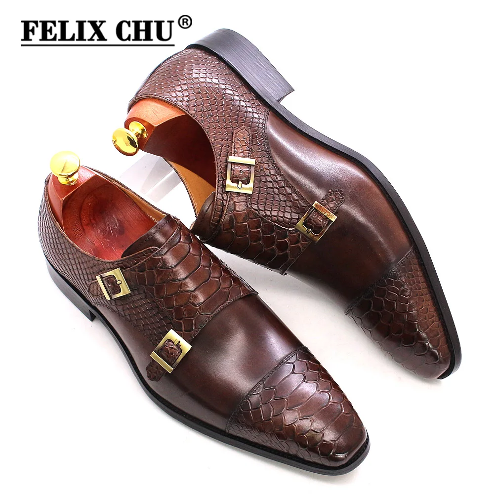 Brown pattern print metal buckle slip on dress shoe