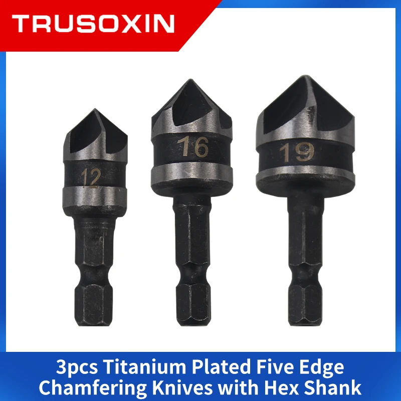 82 Degrees Chamfer Drill Bit Set 12/16/19mm 5 Flute Wood working Drill Bit Cutter Countersink Drill Bit Set