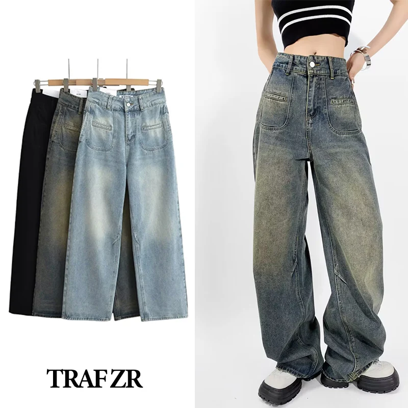 

TRAF ZR Jeans for Women Y2k Wide Pants Streetwear Women Autumn New Products 90s Vintage High Waist Baggy Pants Denim Trousers