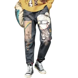 Novo elástico na cintura solta harem calças de brim femininas impresso comprimento total moda cor antiga padrão dos desenhos animados do vintage denim calças femininas
