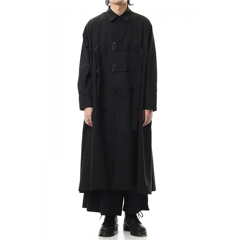 Autumn New Men'S Fashion Yamamoto Long Windbreaker Clothing Male Metal Buckle Loose Plus Size Trench Coat Stage Jacket Hombre