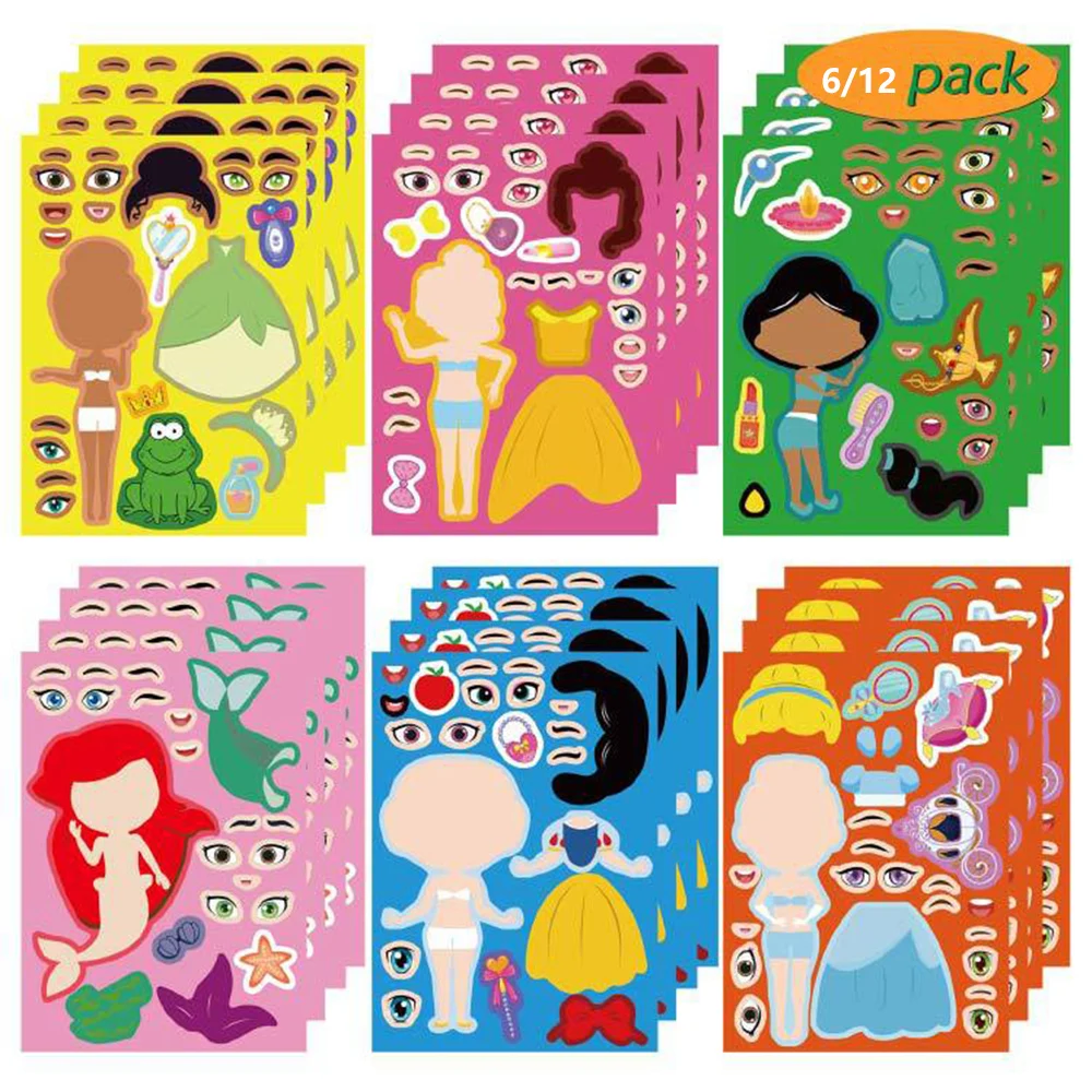 

6/12Sheets Disney Princess Make A Face Puzzle Stickers Kawaii Girls Kids Make Your Own Decals DIY Cartoon Jigsaw Education Toys