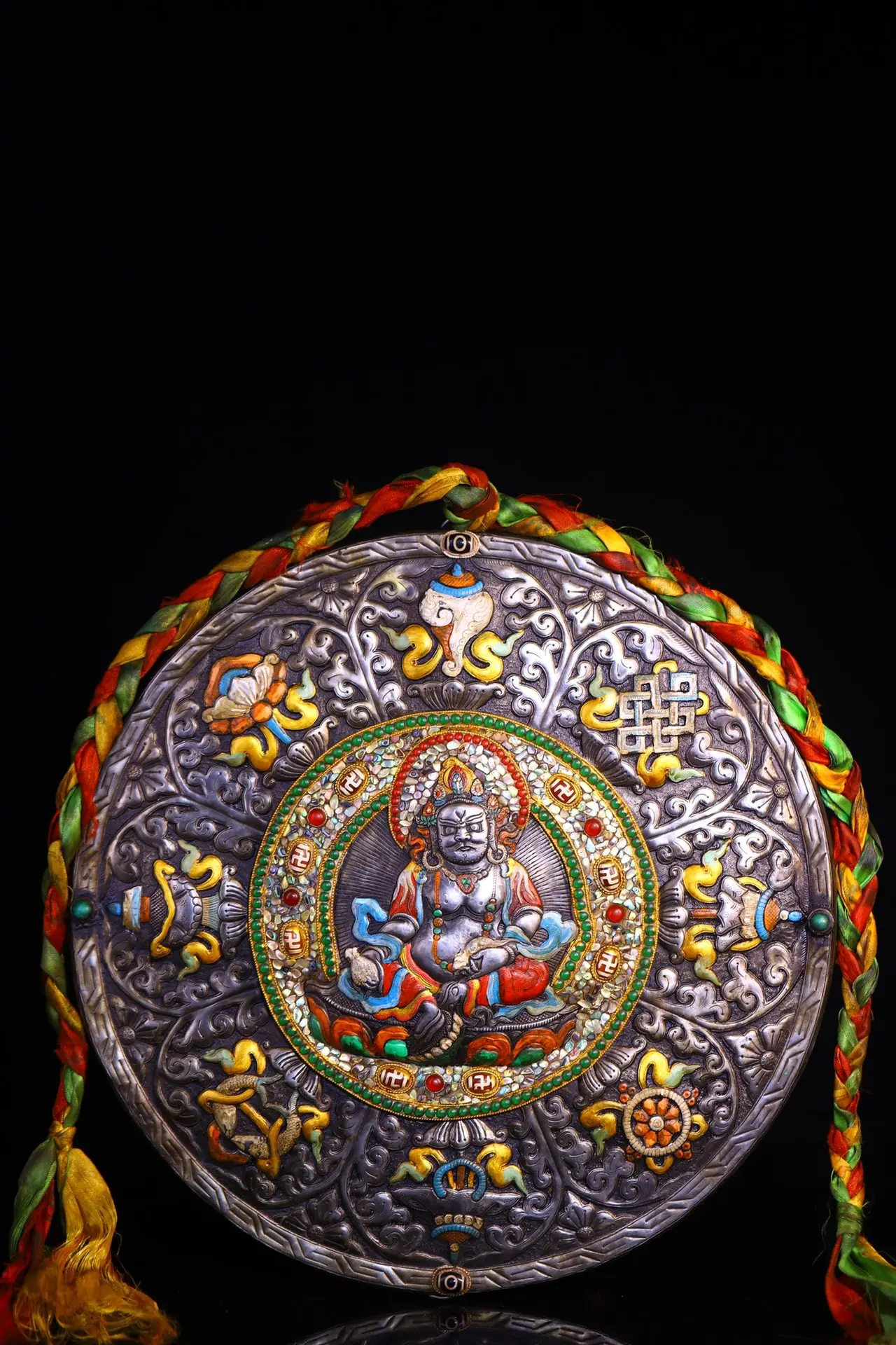 

16"Tibetan Temple Collection Old Tiantie Painted Mosaic Gem gZi Beads Shell Yellow Jambhala Buddha Card Thangka Worship Hall