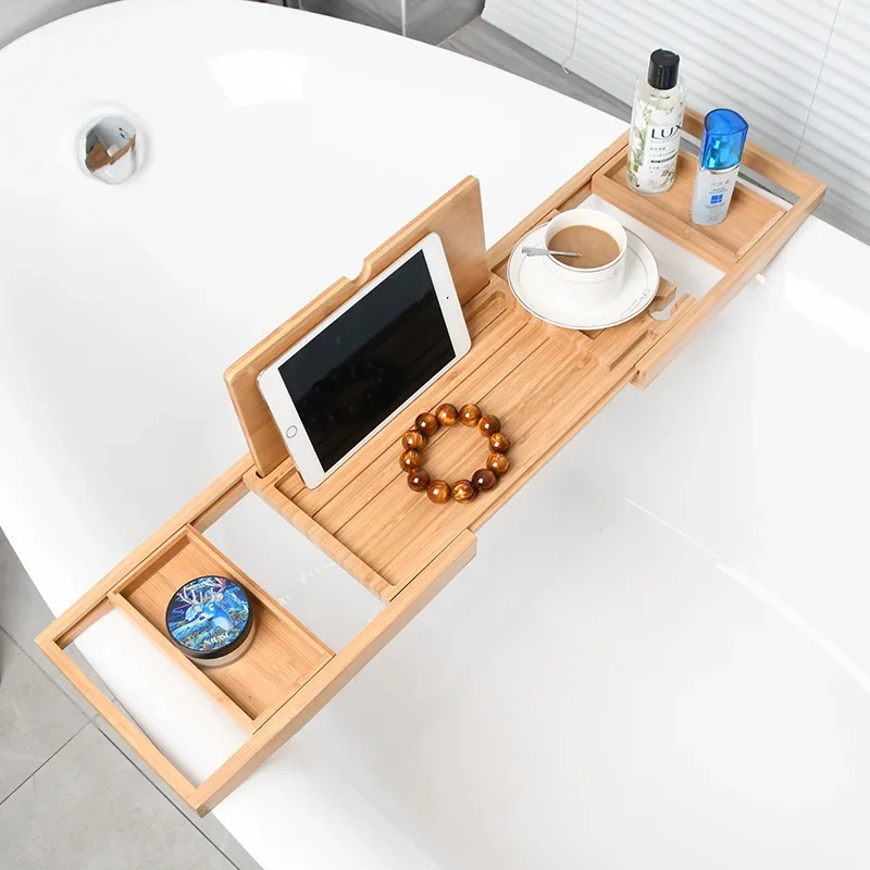23.62''-34.25'' Soap Dish Non Slip Tablet Holder Storage Holder Expandable Luxury Wooden Bathtub Caddy Tray Bathtub Accessories