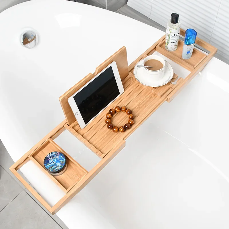 23.62''-34.25'' Soap Dish Non Slip Tablet Holder Storage Holder Expandable Luxury Wooden Bathtub Caddy Tray Bathtub Accessories wooden tray