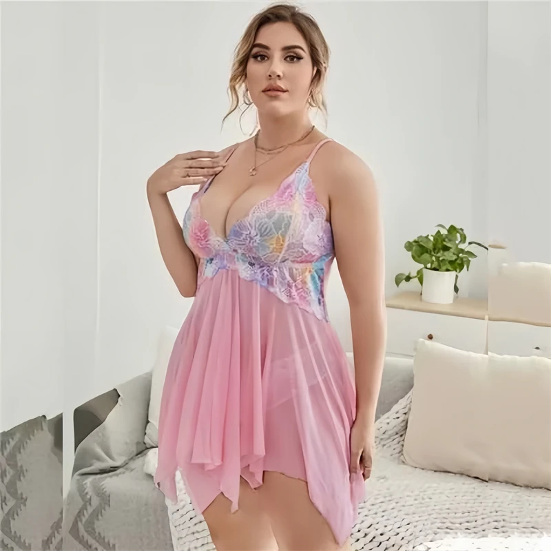 Women Nightdress Plus Size Sexy Deep V Sleepwear Curve Ultra-thin Fashion Loose Irregular Lingerie Set