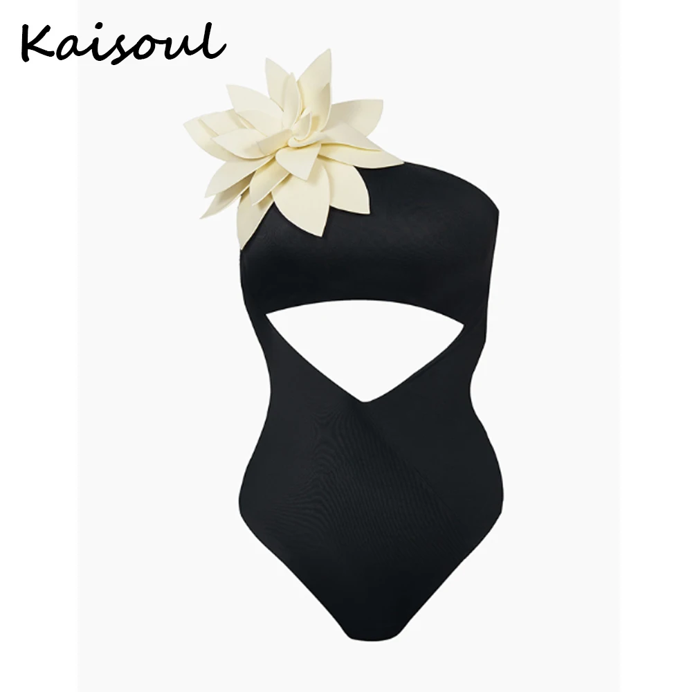 

Women's One Piece Swimsuits One Shoulder Swimwear Hollow Ruffle Monokinis Three-dimensional Flower Bathing Suits 2023 New 2XL