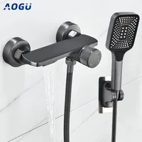 Gray Waterfall Bathtub Faucet With Hand Shower Brass Chrome Wall Mounted Bathroom Shower Mixer Tap Full Shower system Set 1