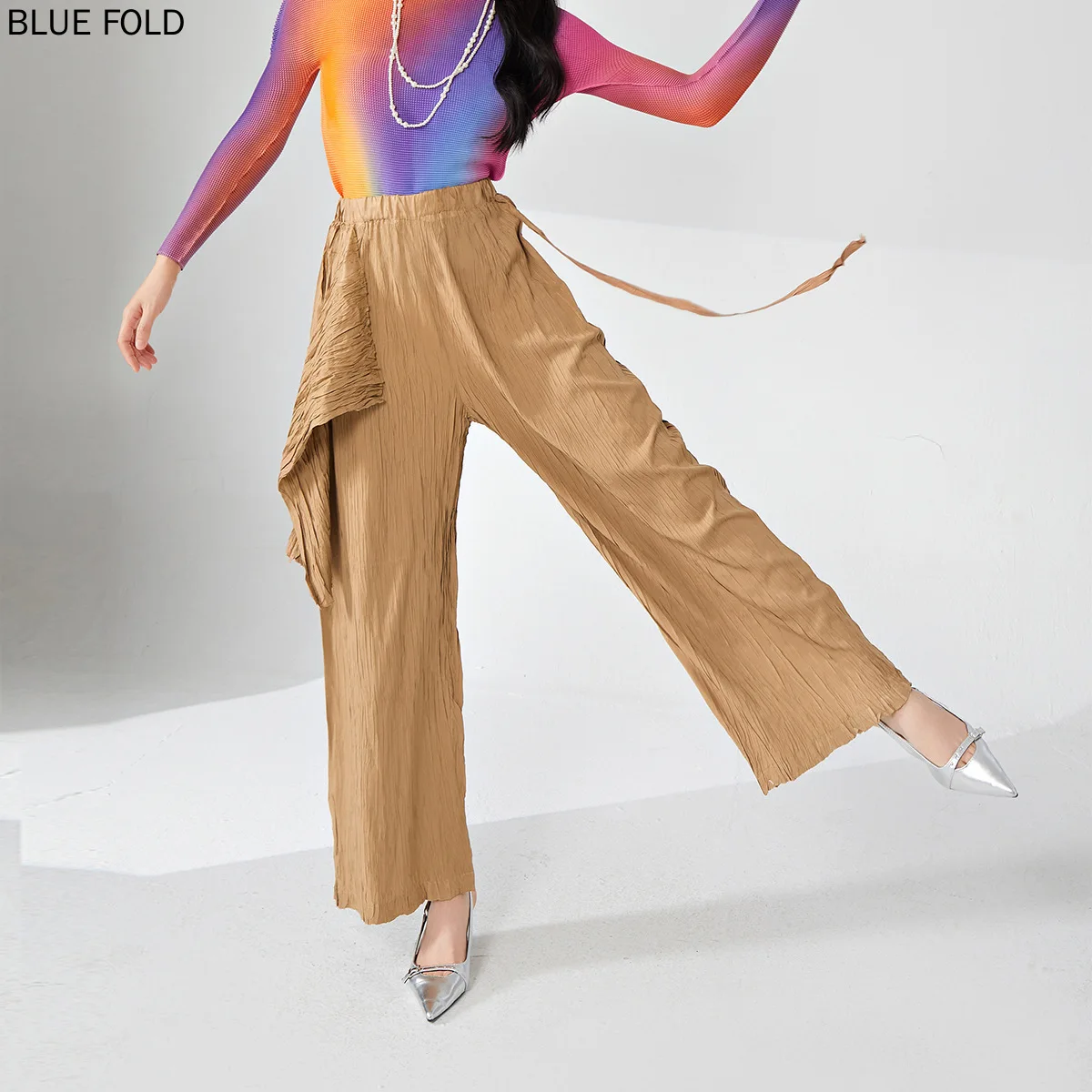 

MIYAKE Pleated Women's Summer Drape Trousers Elastic Waist Loose Irregular Fashionable Commuting All-match Casual Straight Pants