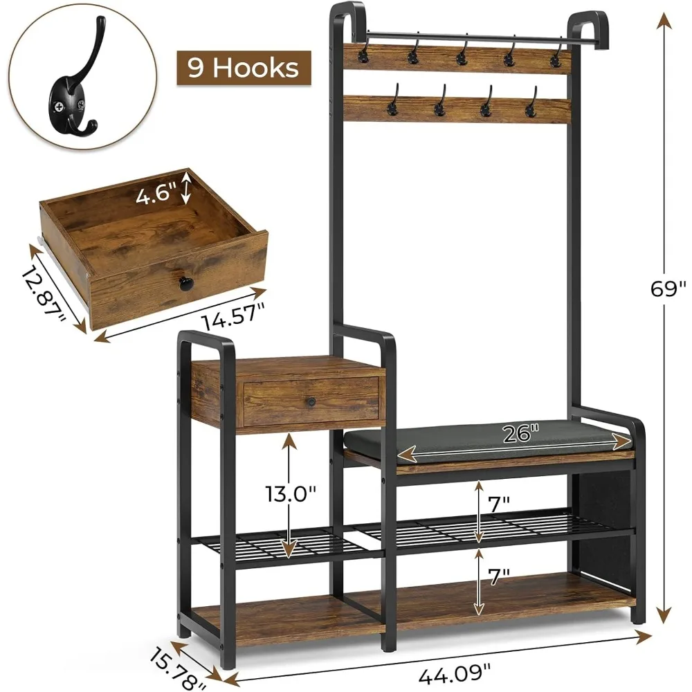 Hall Tree, Entryway Bench, Coat Rack Shoe Bench, Shoe Storage and Storage Drawer, Soft Cushion and Hanging Rod for Living