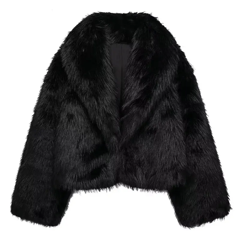 thumbnail image 1 of HH TRAF Abrigos nuevos de invierno para mujer, abrigo corto holgado con efecto de piel artificial, moda urbana para mujer, cárdigan liso para mujer, 1 of 5