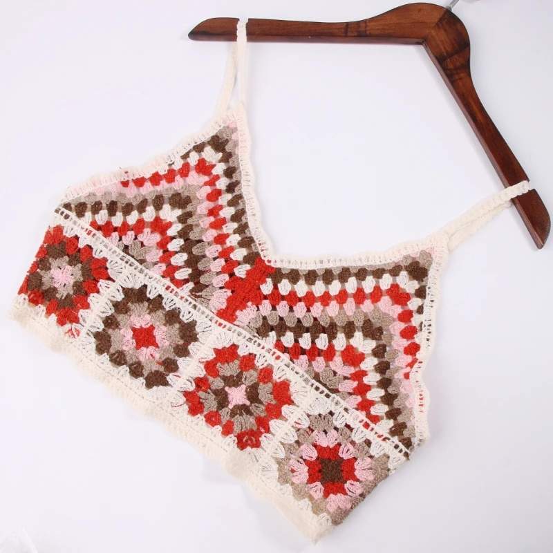 

Knit Crop Top for Women Colorblock Geometric Embroidery Summer Crochet Mini Vest drop shipping