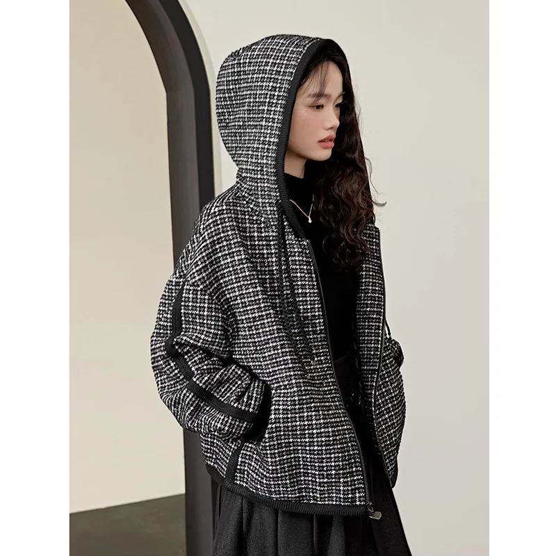 Swallow Gird Plaid Coat Women Autumn Winter Woolen Hoody Overcoat Korean Fashion Long Coat Checks And Plaids Jacket Vintage Tops classic swallow gird suede suit jacket for women formal elegant costume checks and plaids jacket korean fashion vintage overcoat