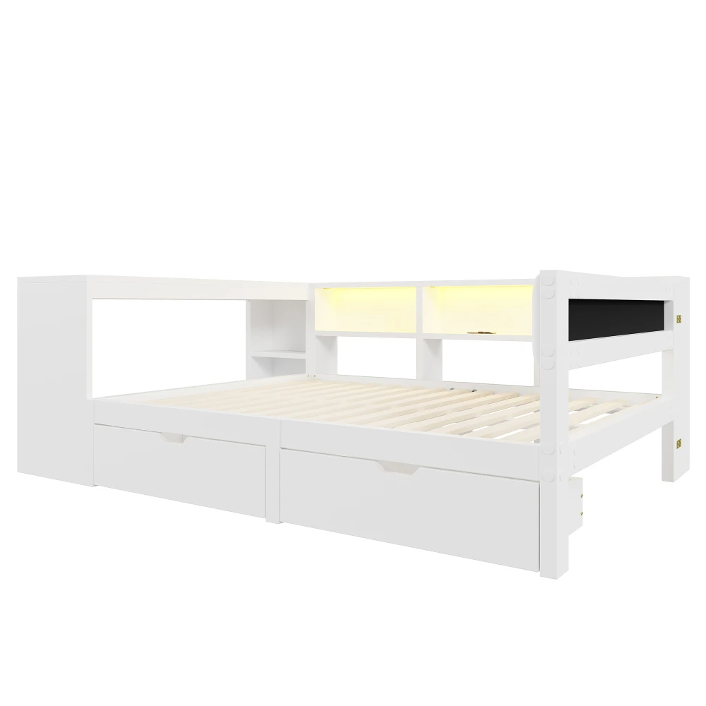 90x200 Plattformbett aus Holz mit Stauraumbereichen, Schubladen, Ladestation und gepolstertem Kopf, mit bunten LED-Leuchten, Weiß – Detail 25